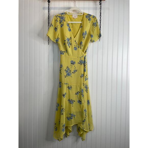 Cinq À Sept Wrap Floral Dress Yellow & Blue Short Sleeve Asymmetrical Ruffle 4 - Picture 1 of 7